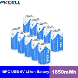 PKCELL 10PC 9V Li-ion Rechargeable Batteries 1850mwh 6F22 Lithium-ion Rechargeable Battery with 9V Li-ion Charger for Multimeter
