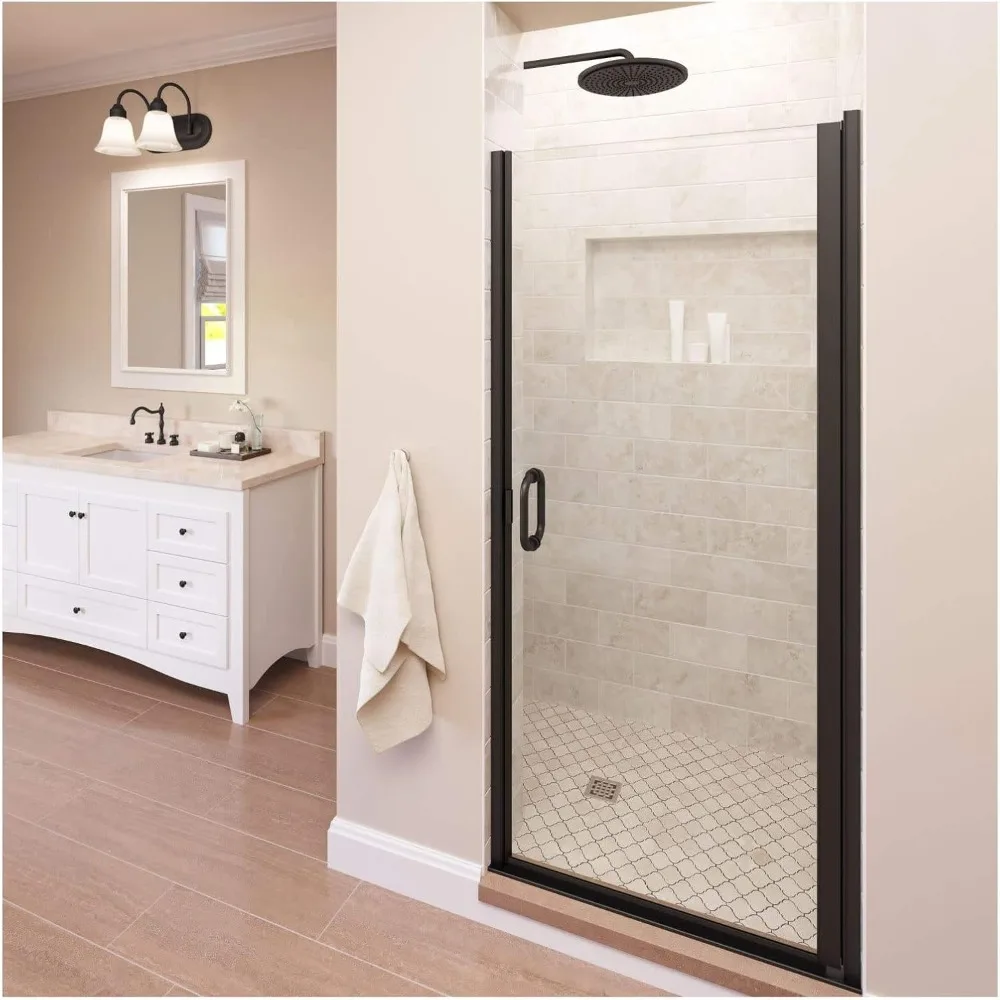 Shower Door, 33-34 in. Wide, Clear Glass Panel, with Handle, Stainless Steel Frame, Semi-frameless Shower Door