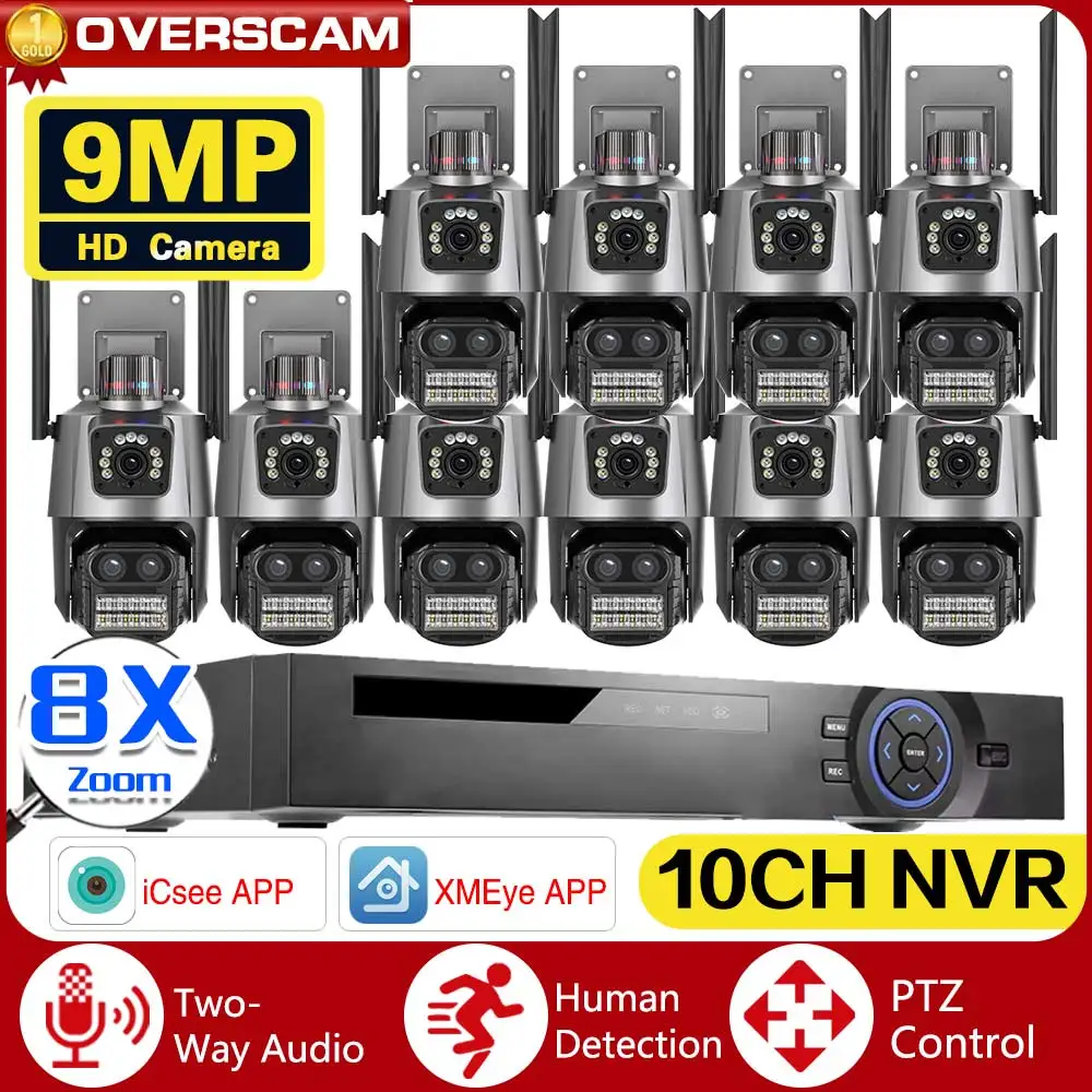 9MP 5K Wifi PTZ IP Camera Outdoor Three Lens Auto Tracking 8X Digital PTZ Zoom 10CH 4K POE NVR Fixed-Point Linkage Camera System