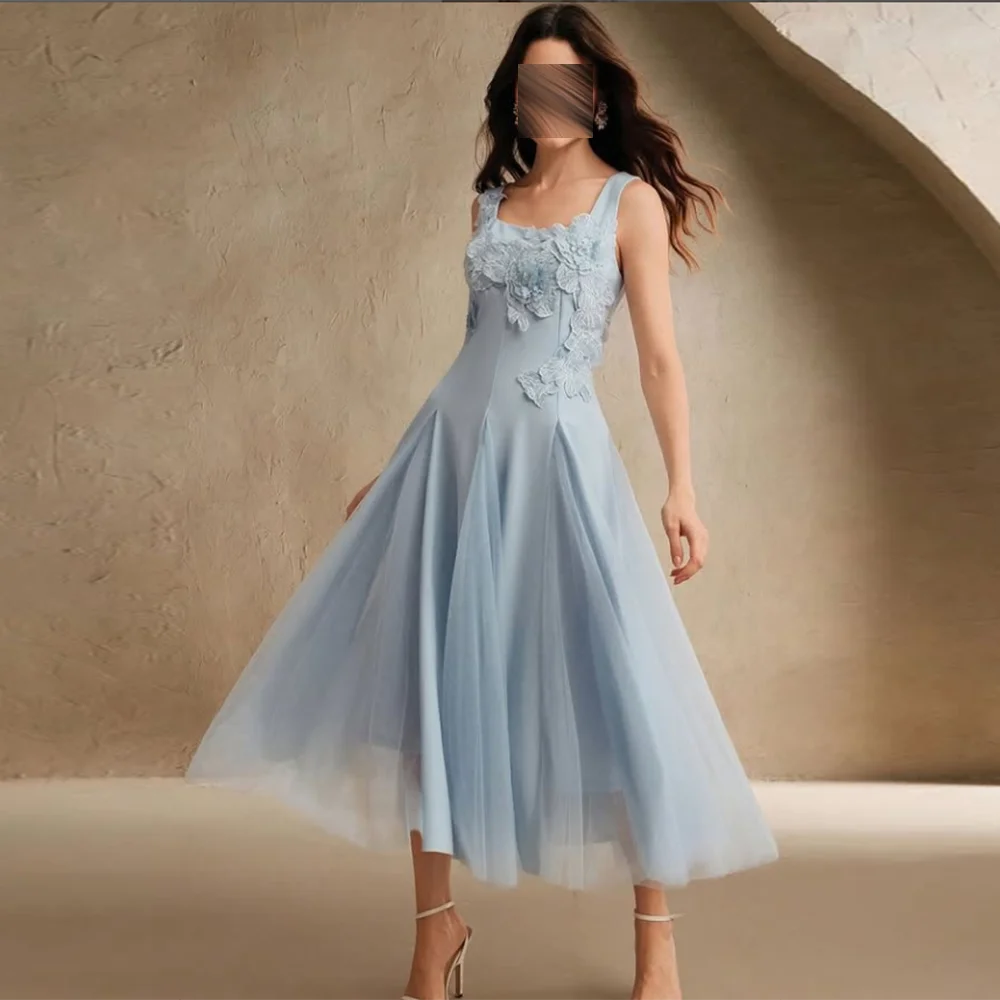 Customized square-cut collar Prom Gown 3d Flowers Lace Appliques Sleeveless Tea-Length Midi Party Dress Backless Long Dress