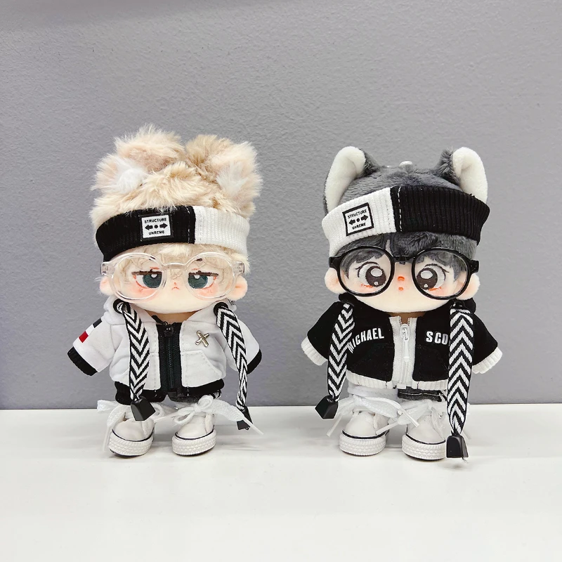 

New Stock 10cm Plush Doll's Clothes 5PC Mini Cool Suit Black Sweater Jacket Shorts Hairband Glasses Boots Dolls Outfit