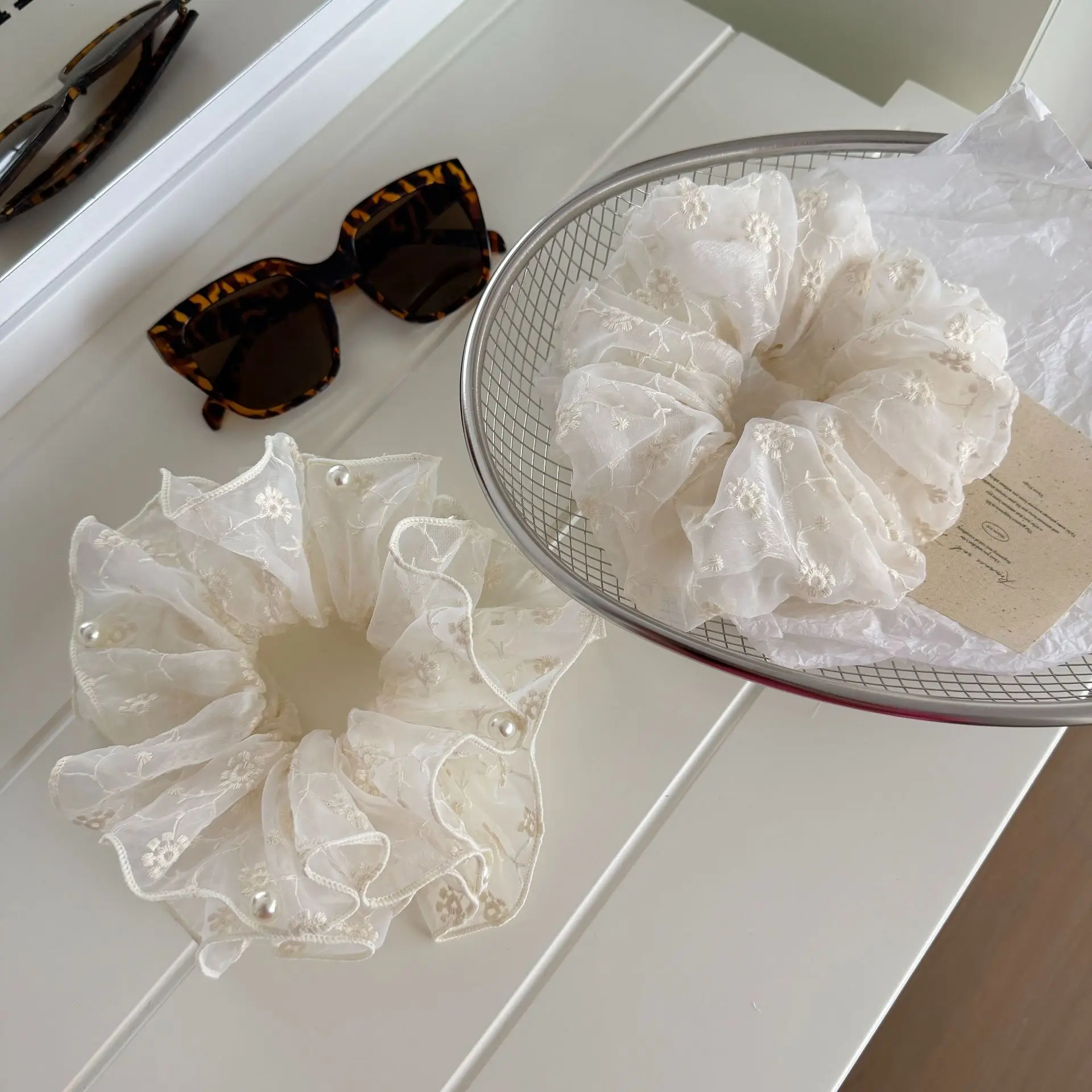 

Scrunchies Premium Embroidered Lace Pearl Flower Korean Style Elegant Stretchy Hair Accessories for Women Bun Hairstyles Daily