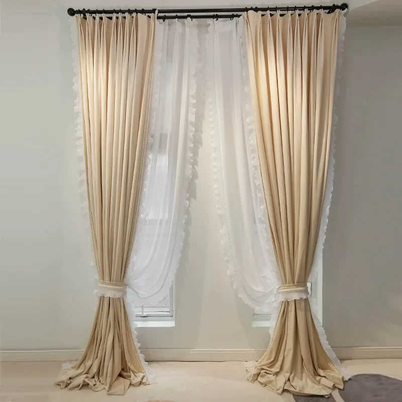 French luxury gentle beige tone swan velvet curtains light luxury lace with shading, soft warm bedroom and living room curtains