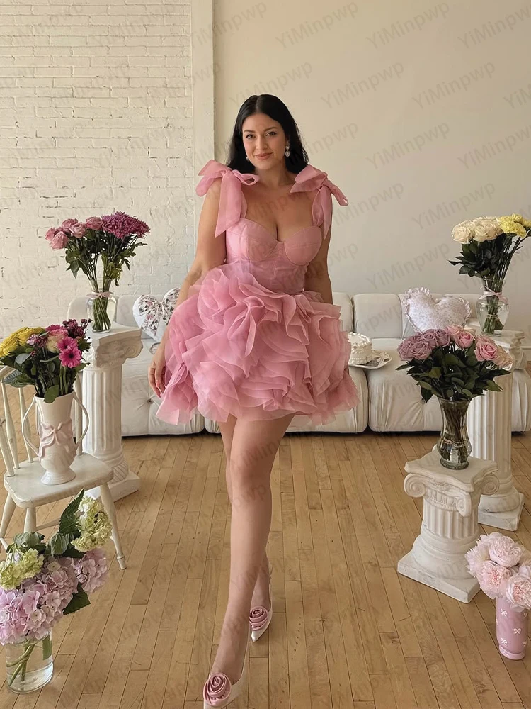 mini pink prom dresses Pink Short Prom Dress A-Line Ruffled Bow Evening Gown