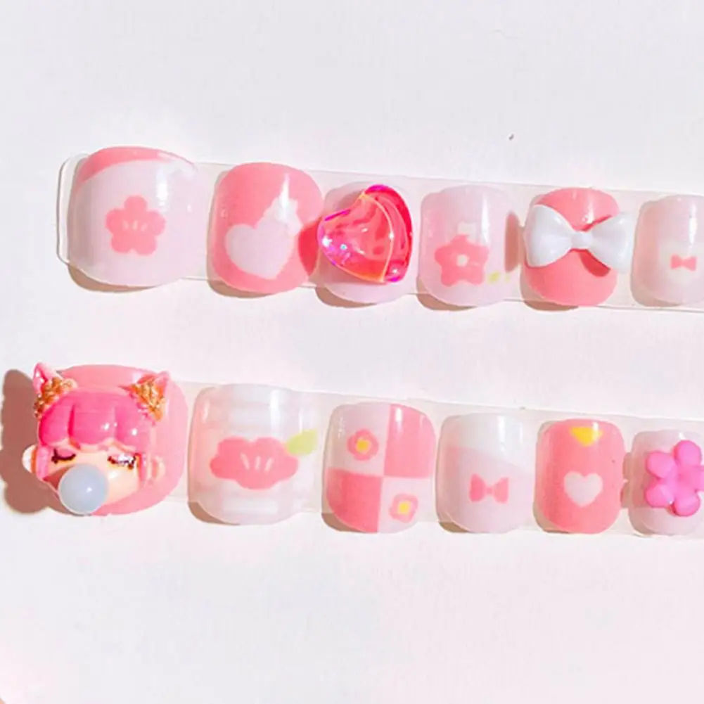 Kids Fake Nails Children Nail Art Cute Cartoon Nail Art Stickers Set with Flower Girl Heart Pattern for Kids Nail Decorations