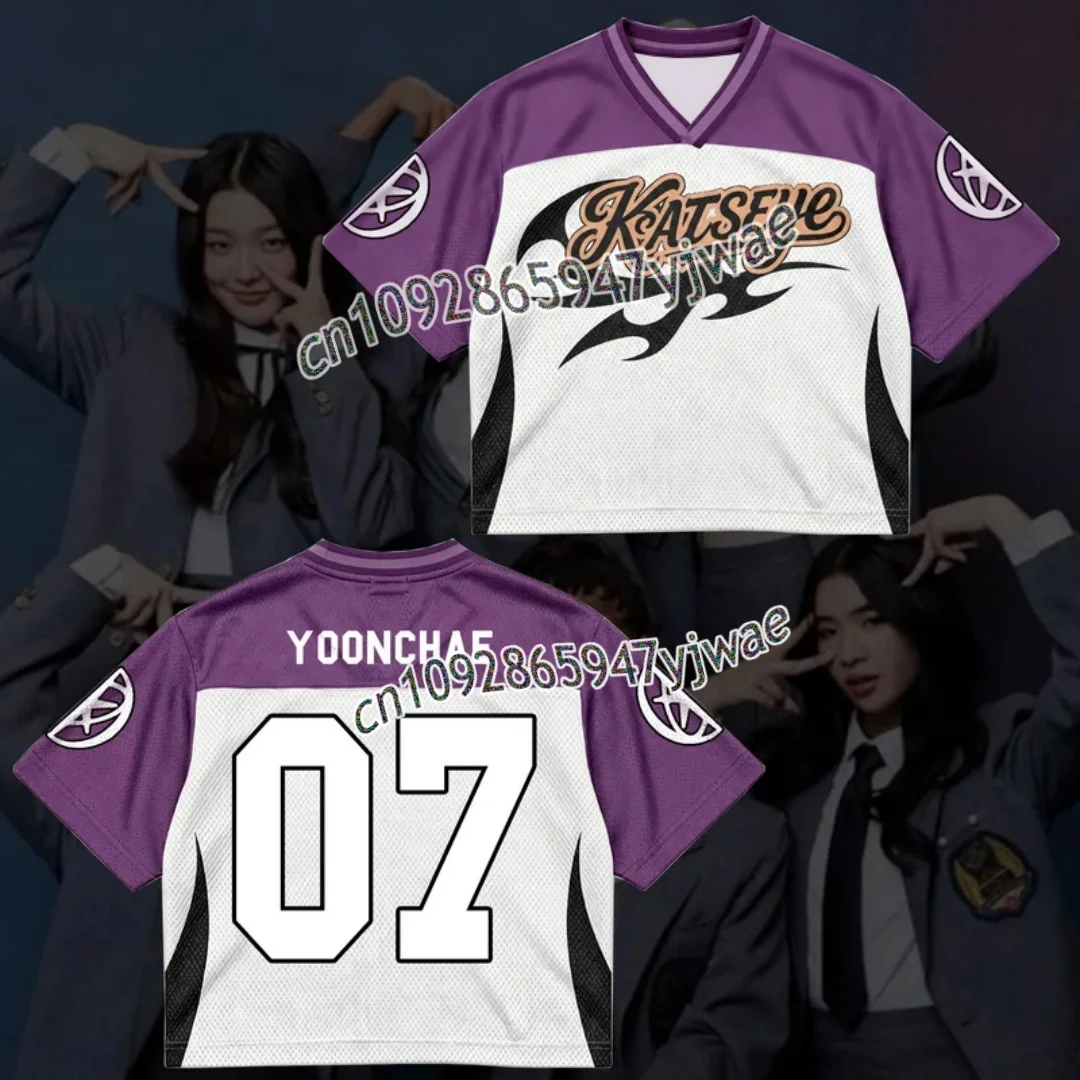 Modisches KATSEYE Purple Flame Streetwear Mesh-Trikot für Fans, Herbst, Herren- und Damen-Kurzarm-T-Shirt, Kpop Lara Sophia Fans Geschenk – Detail 6