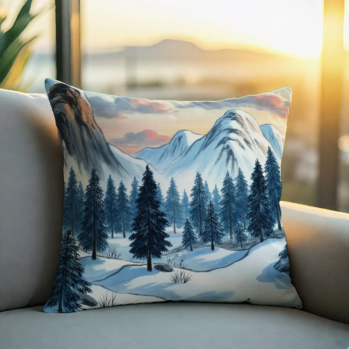 

4-Piece Soft Washable Winter Landscape Throw Pillow Covers 45x45cm Serene Snowy Mountains Pine Trees Home Decor Cozy Vibes