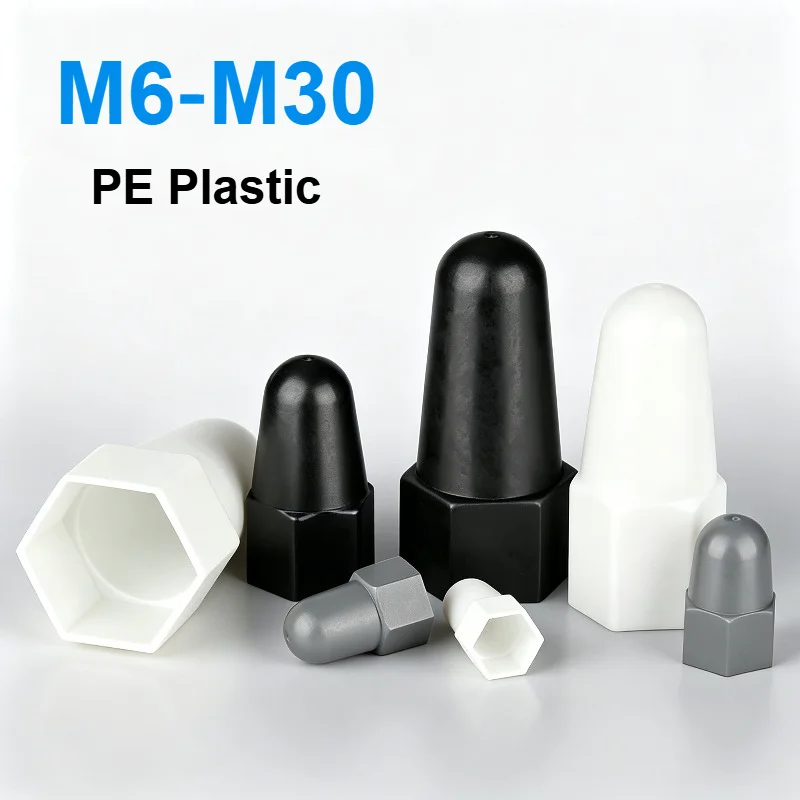 PE Plastic Extended Hexagon Nut Caps M6‑M30 Black White Waterproof Dustproof Decorative Protective Sleeve for Bolt Screw Ends