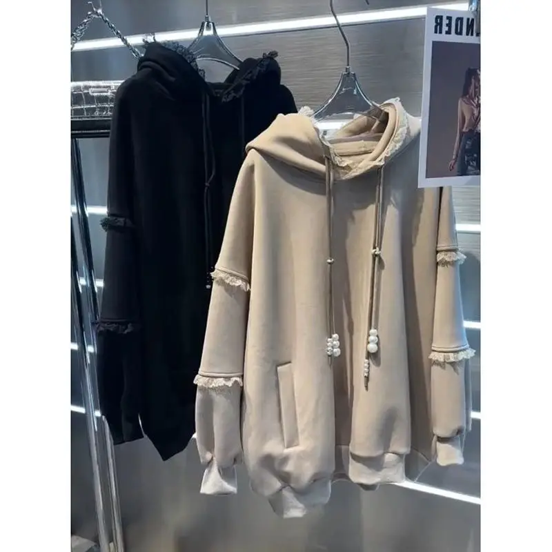 

Осенне-зимний женский новый сращенный пуловер с кружевным капюшоном, модная однотонная универсальная повседневная толстовка с длинными рукавами