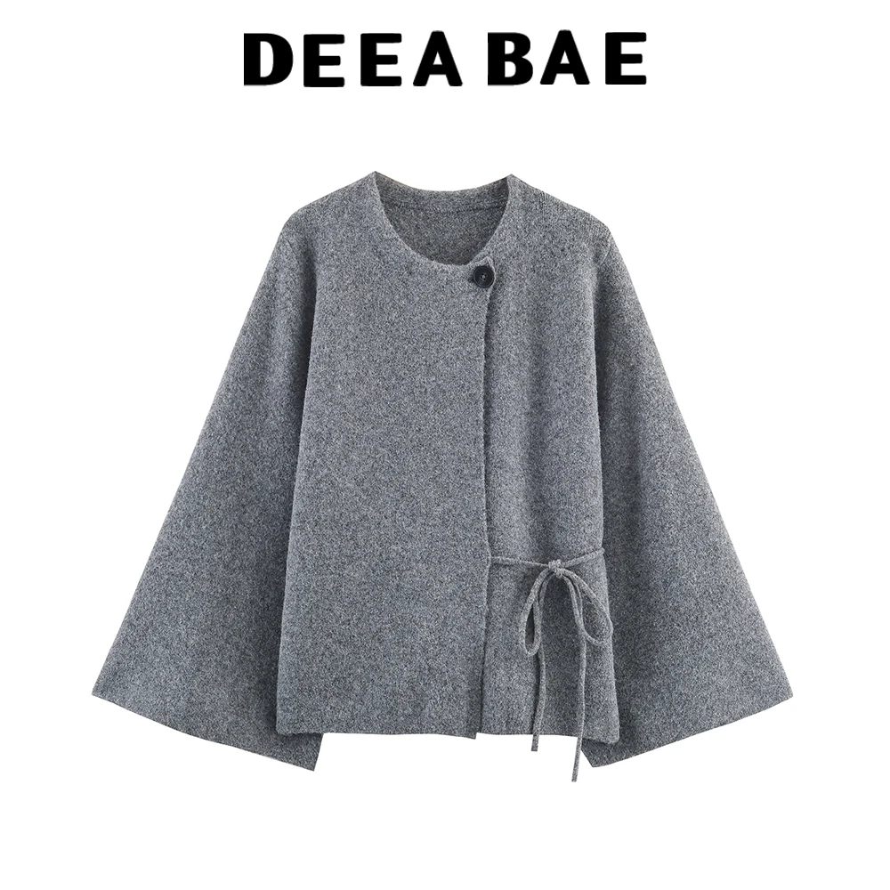 

DEEABAE 2025, новый зимний продукт, модный стиль, круглый вырез, пуговицы, галстук-бабочка, вязаное пальто с открытыми рукавами