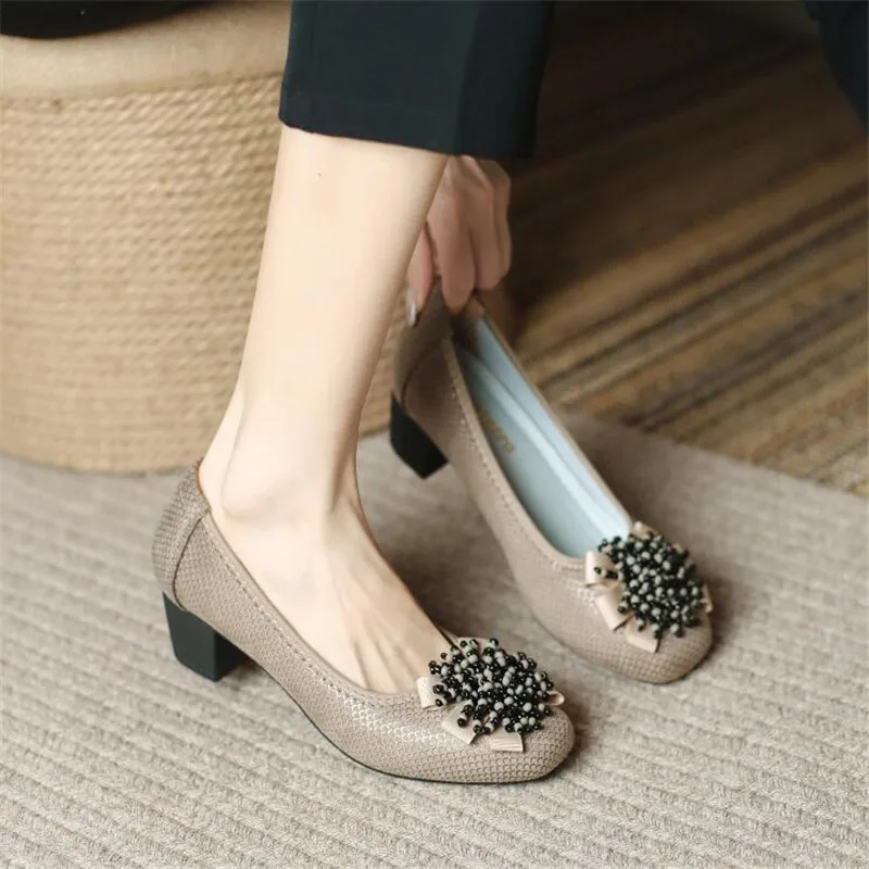 Women's Shoes Spring New Thick Heel Cowhide Shallow Mouth Single Shoes Printed Beaded Wedding Party Fashion Women Pumps