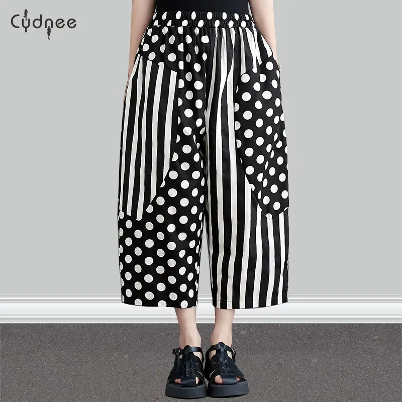 Womens High Waist Wide Leg Long Pants Double Tuck Palazzo Pants Patchwork Polka Dot Wide Leg Trousers