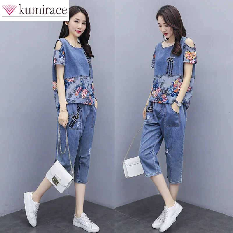 

Large Set Large Set Women's 2023 Summer New Fashion Fat Sister Imitation Denim Capris Two Piece Set for Women Baddie Outfits