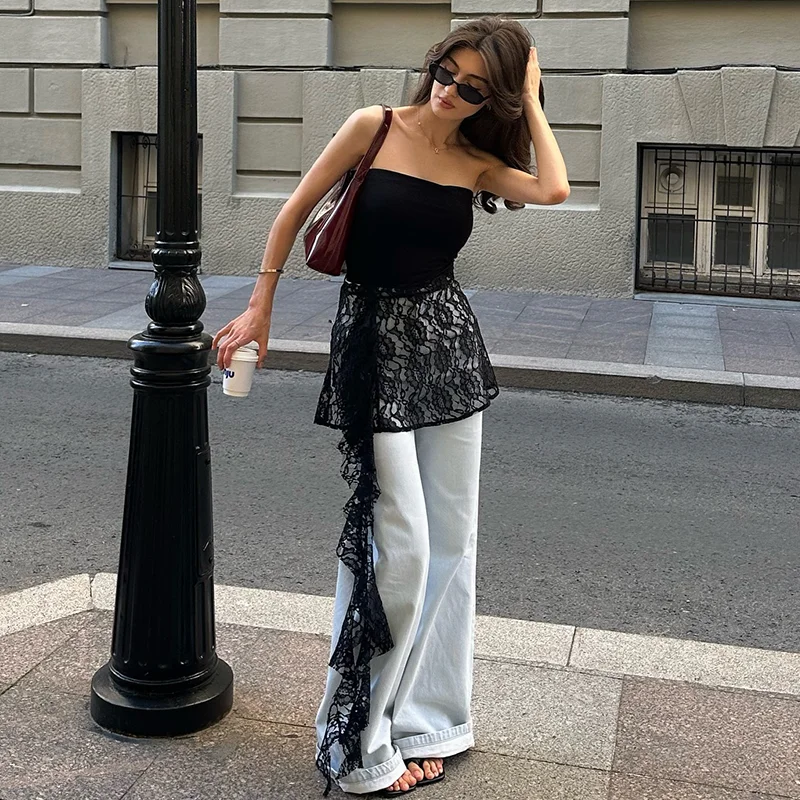 

French Hot Girl Style Lace Splicing Temperament Tube Top T-Shirt Women Summer New Slim Irregular Streamer Chic Top
