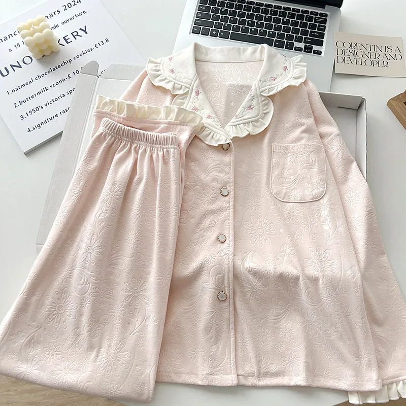 독일 벨벳 자카드 웨스턴 스타일 스몰 라펠 잠옷, 스위트 뷰티 홈 세트 세트, 여성 나이트웨어, 가을 겨울 신상