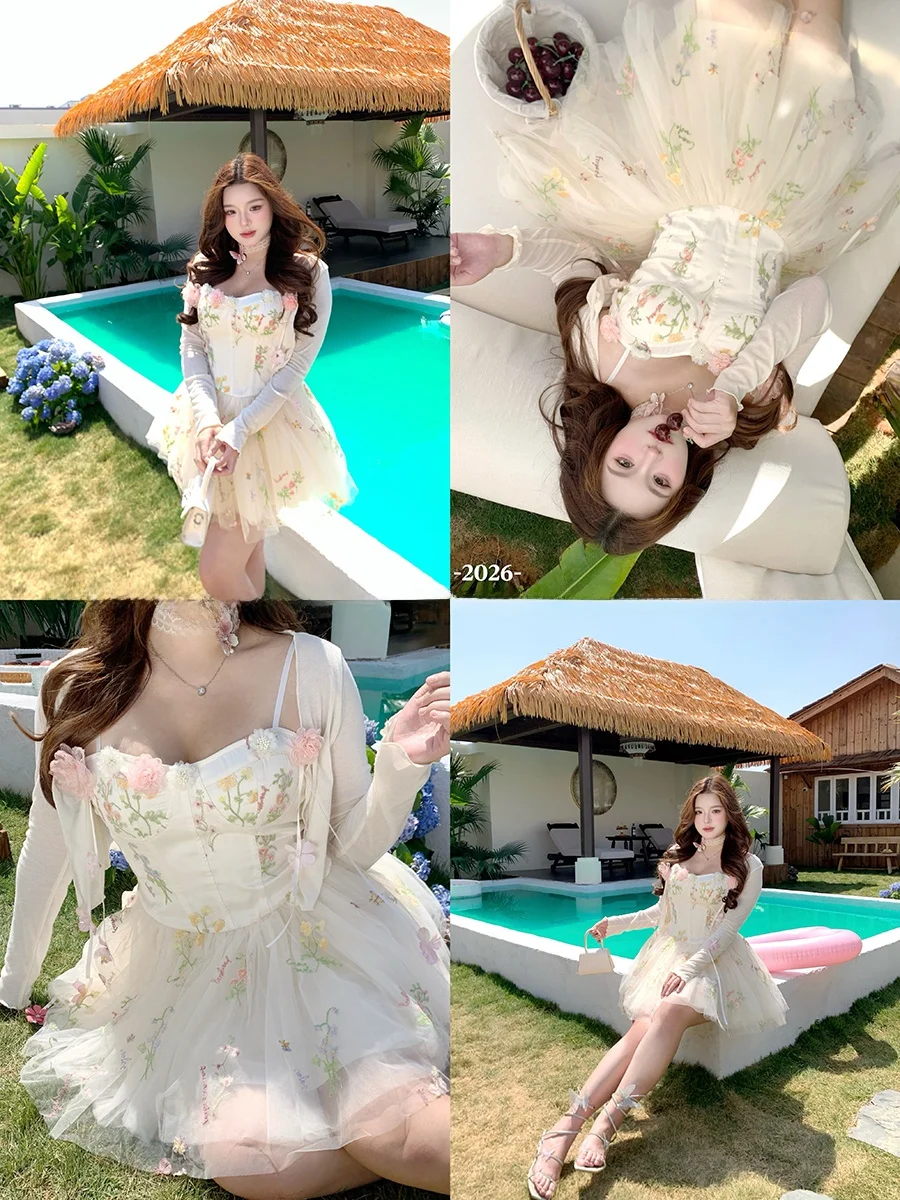 

Sweet Floral Print Puffy Sleeve Dress for Plump Girls Gentlewoman Style Zipper Back Long Sleeve Short Dress Spring Season