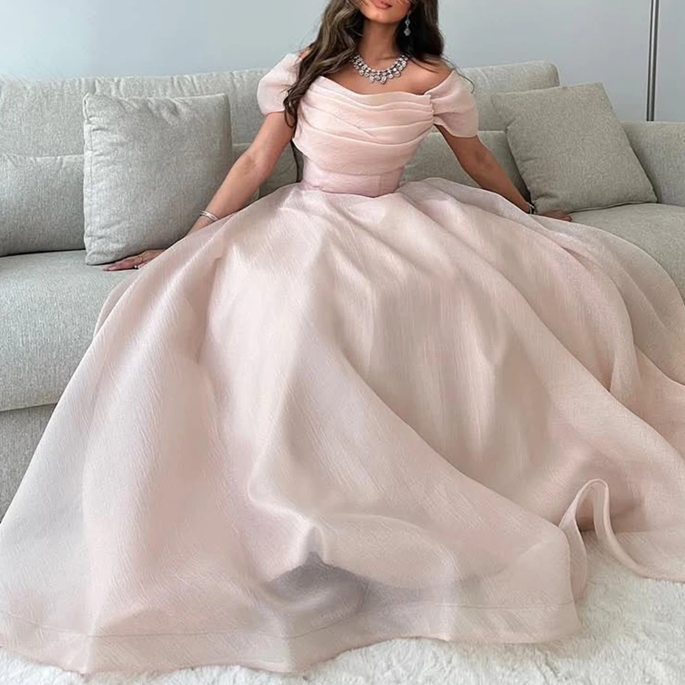 Customized Classic Square Neck Off the Shoulder Pleats Evening Dress Temperament A-Line Short Sleeves Organza Party Gown