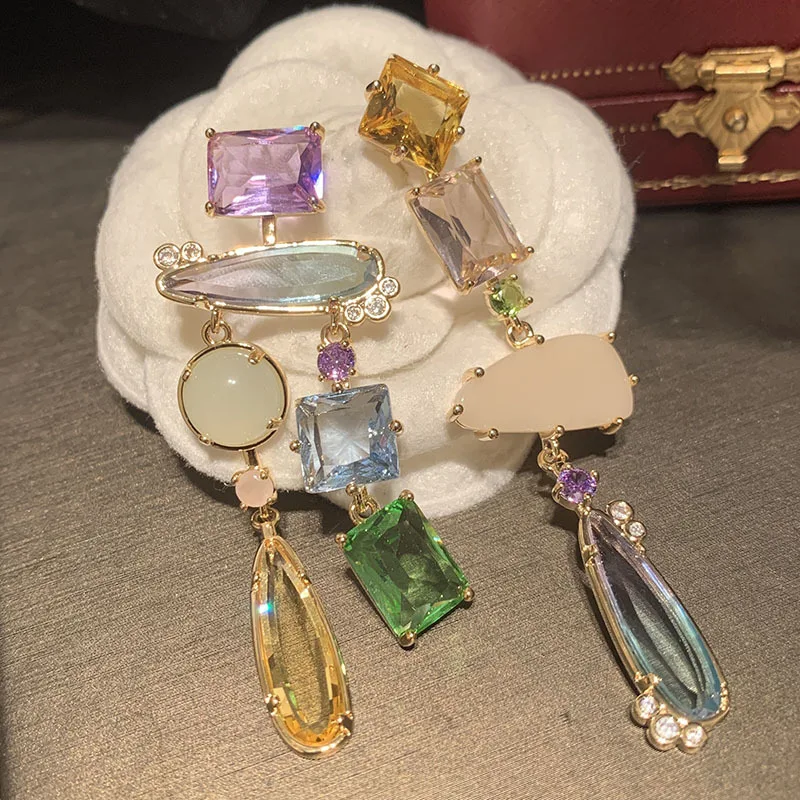 Women Colorful Crystal Earrings S925 Silver Needle Luxury Asymmetric Gradient Transparent Super Sparkling Drops