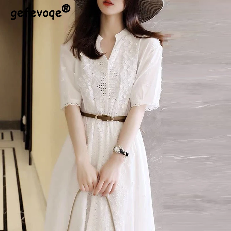 Summer Elegant Fashion White Embroidery Hollow Dress Ladies Short Sleeve Simple Casual Waist A-line Dresses Sweet Cotton Robe