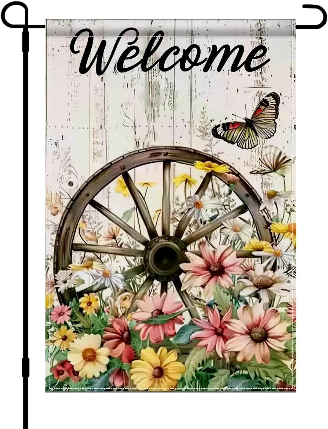 BlissYard Spring Garden Flag 12x18 Inch Double Sided Welcome Vintage Wagon Wheel Wildflower Butterfly Rustic Farmhouse Yard  zzo