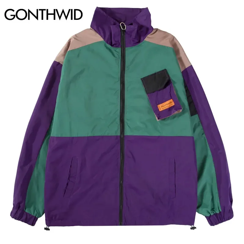 GONTHWID Hip Hop Vintage Track Jacket Streetwear Color Block Patchwork Windbreaker Zip Up Coats 2023 Mens Autumn Waterproof Coat