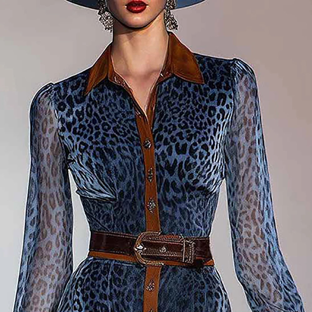 

Women‘s Elegant Vintage Leopard Print Midi Dress Turndown Collar Long Sleeve Single Breasted Long Dress High Street Chic Dresse