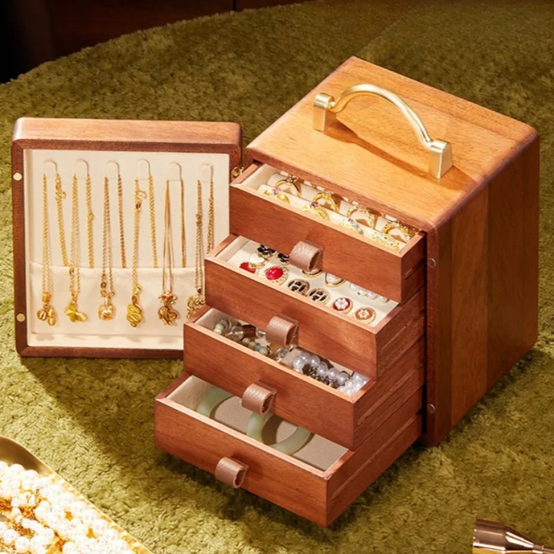 Wooden Jewelry Storage Box Retro Jewelry Organizer Boxes Women's Necklace Collection Case Desktop Earring Bracelet Storage Cases