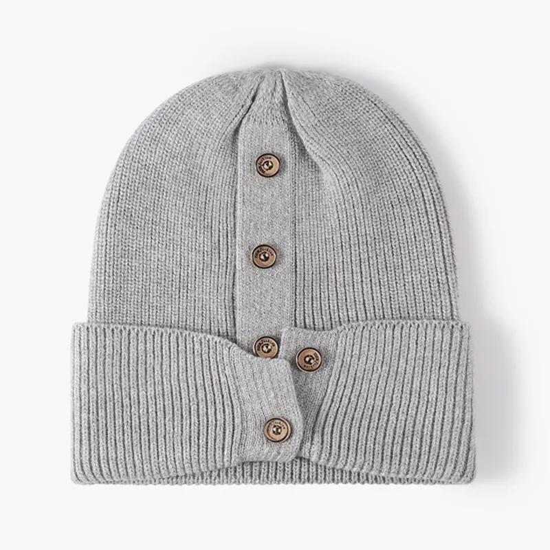 

Winter Wool Knitted Women's Hat Button Decoration Caps For Men Adult Solid Color Beanies Autumn Outdoor Warm Thick Skullcap