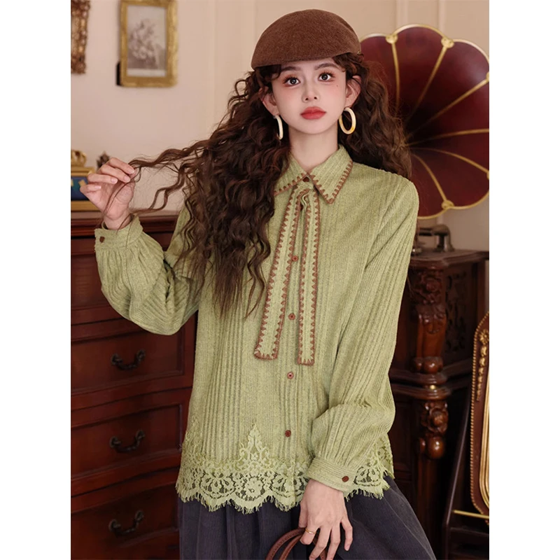 MEXZT قمصان دانتيل عتيقة للسيدات بلوزات هاراجوكو بربطة عنق مرقعة للخريف والشتاء ملابس الشارع الكورية بأكمام طويلة تصميم غير رسمي