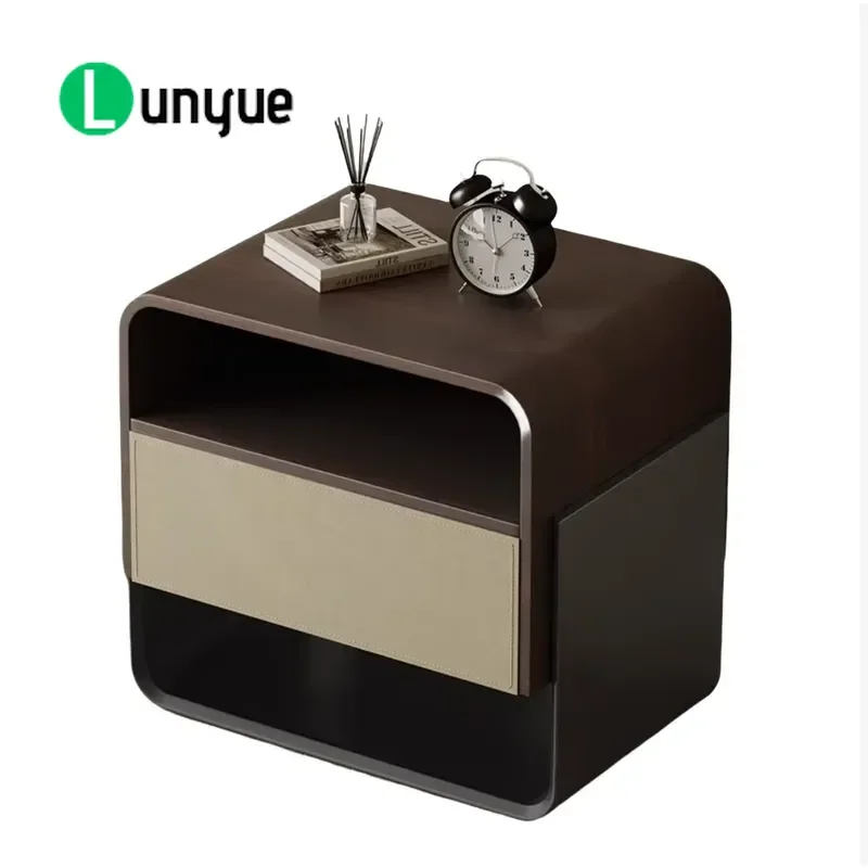 Modern Stainless Steel Wooden Bedside Table with 2 Drawers Height Adjustable Nightstand for Bedroom Furniture Storage