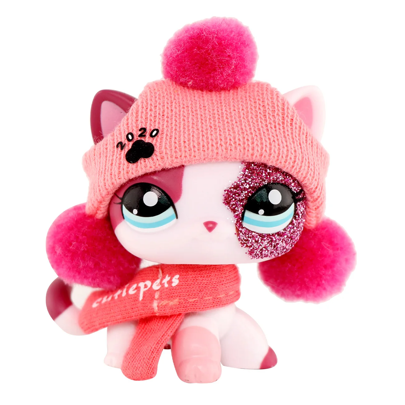 Minilpsshop Krótkowłosy Kot Różowo-Biały z Brokatowymi Oczami # 2291 z akcesoriami: czapka, szalik