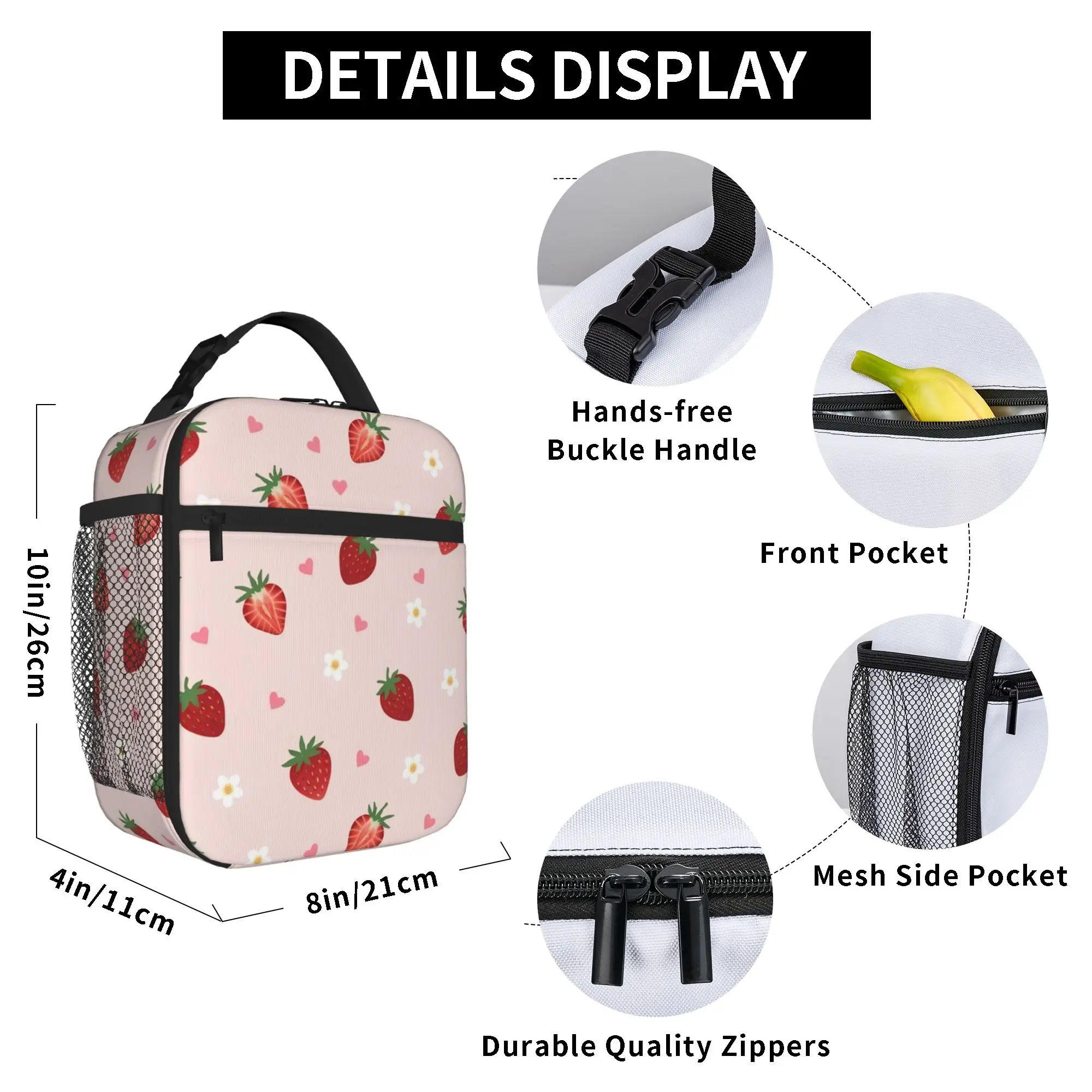 Pink Strawberry Cute Floral Tote Insulated Lunch Bag Cartoon Portable Food Bags Leakproof Cooler Thermal Large Size Bento Box view 4
