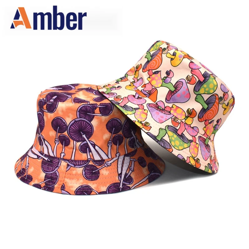 

Amber muthroom print bucket hat double sides Panama fisherman hats men women reversible summer new outdoor cartoon foldable cap