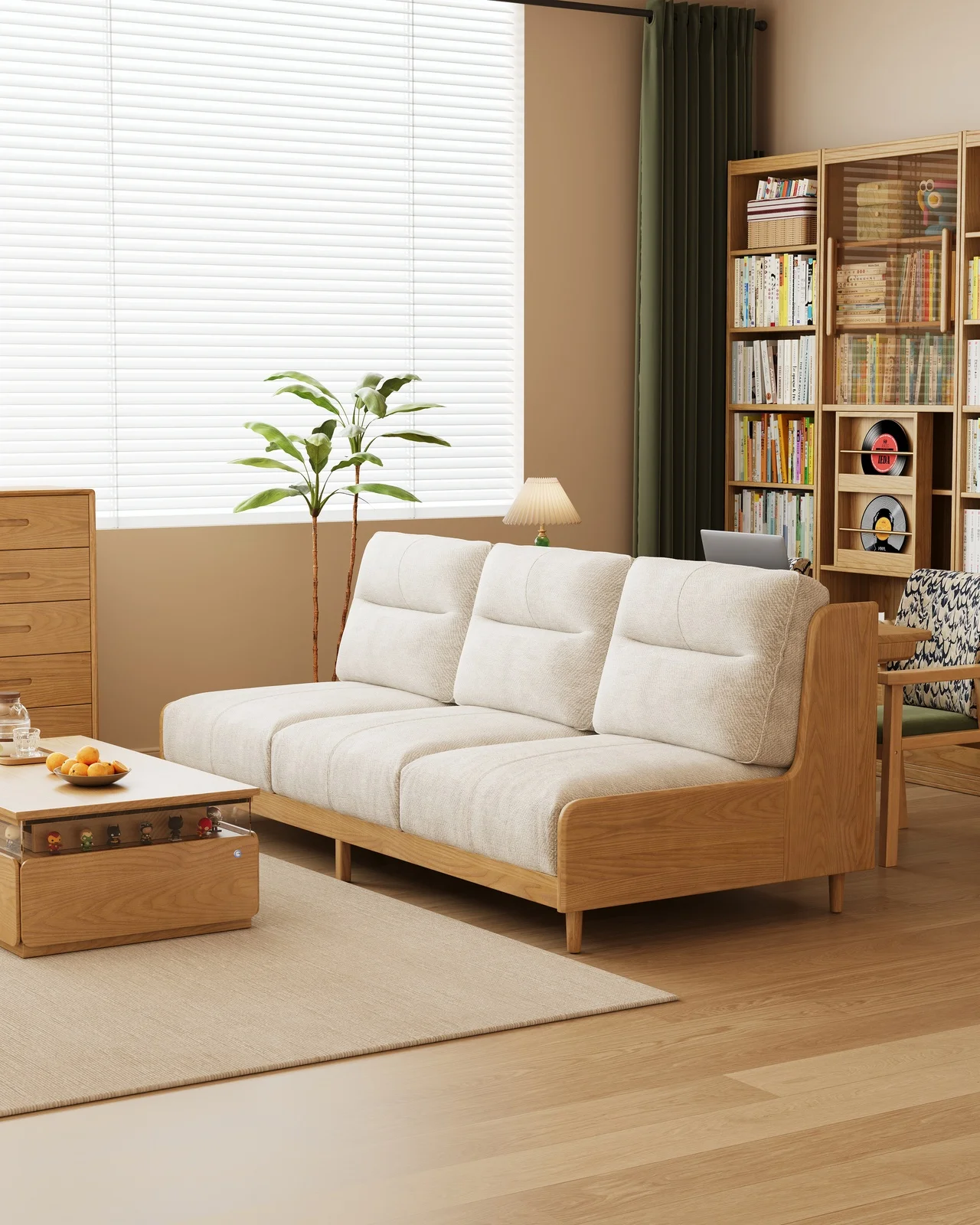 ！@SF801# Modern Living Room Transformed Sofa Set Solid Rubber Wood & White Wax Veneer Frame Chenille Fabric Sponge Filling