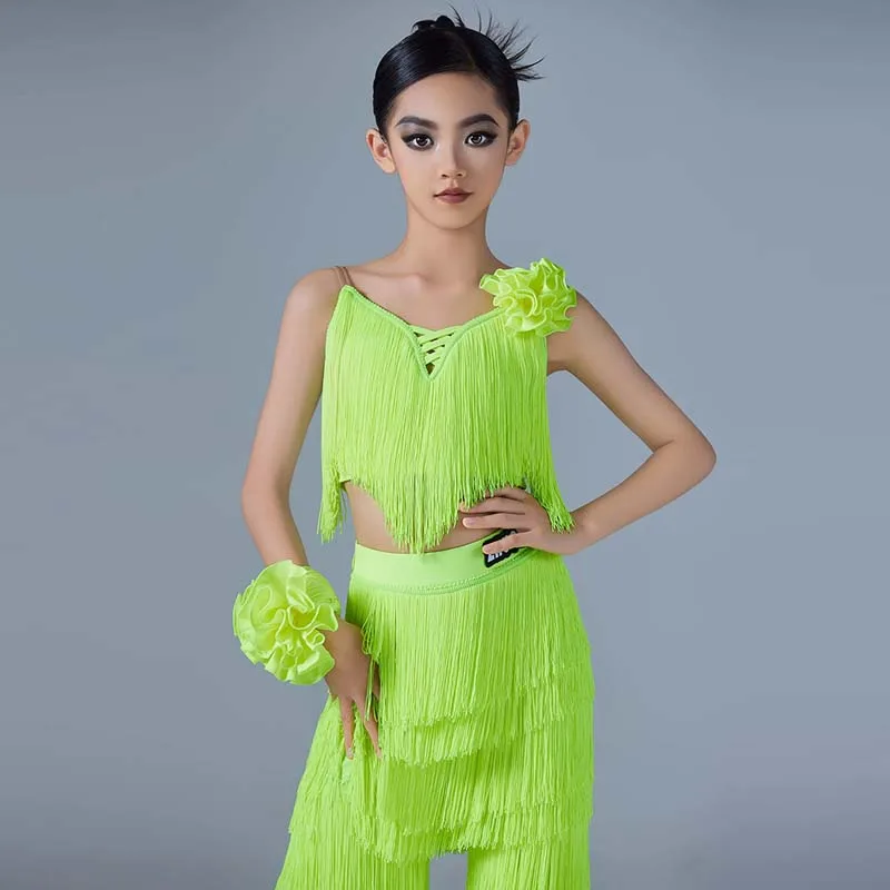 

Tassel Latin Dance Suit Girls Dancing Tops Practice Pants Cha Cha Performance Clothes Samba Rumba Stage Wear Kids Dancewear 1913