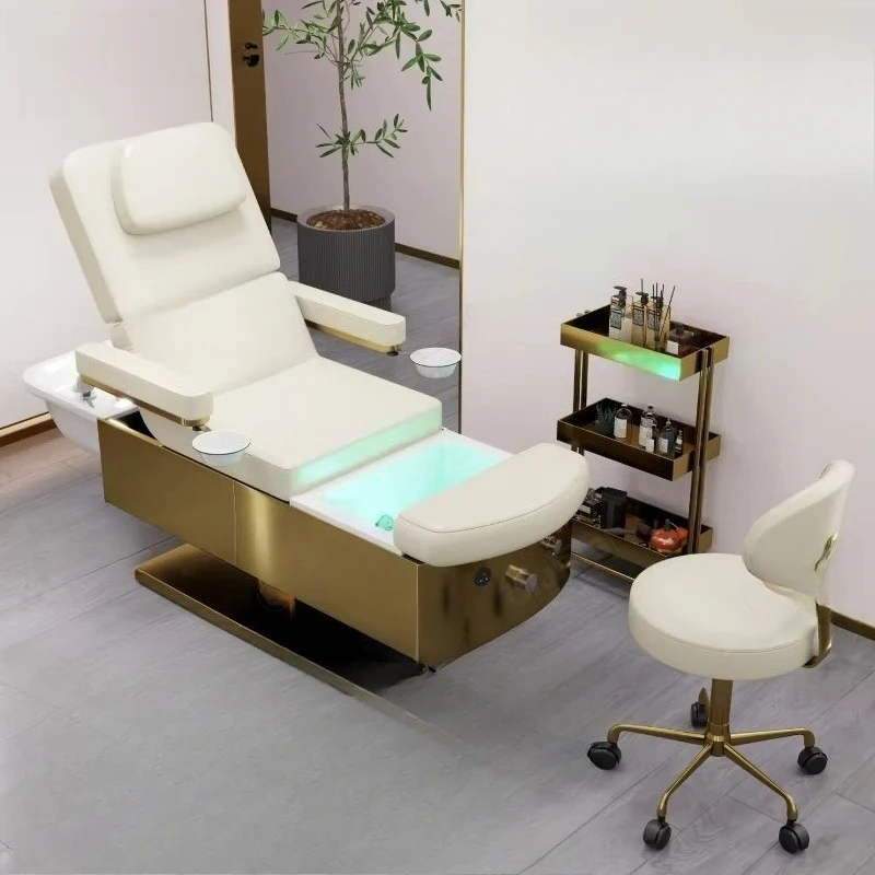 

Luxury white bed electric facial massage bed eyelash bed 3 motor pedicure bedside spa shampoo station