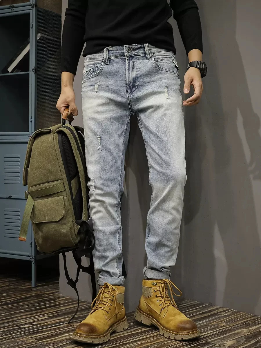 Italian Style Fashion Men Jeans Retro Light Blue Elastic Stretch Slim Fit Ripped Jeans Men Vintage Designer Denim Pants Hombre