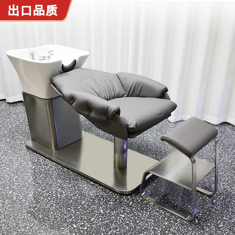 

barber shop shampoo bed simple hairdressing semi-reclining stainless steel flushing bed ceramic basin high-end hair salon