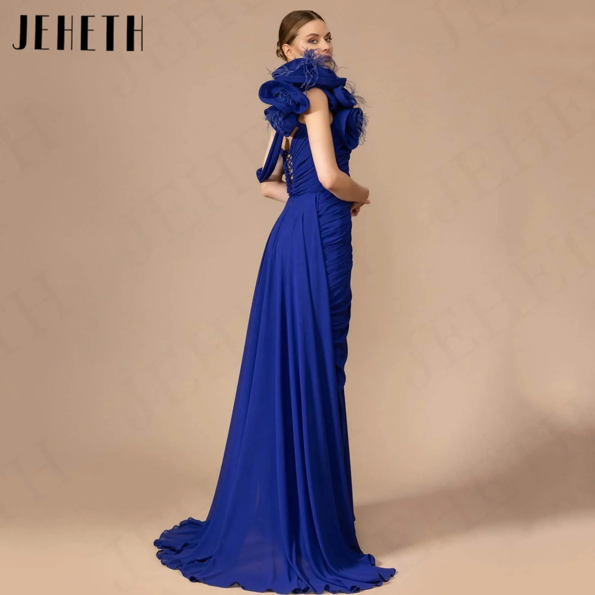 JEHETH Simple Mermaid Evening Dresses Off Shoulder High Split Chiffon Ladies Dresses For Special Occasions Feather فساتين سهرات