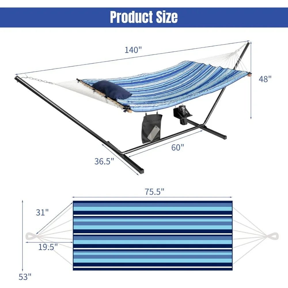 Double Hammock with Stand, 2 Person 12Ft Steel Hammock Stand with Cotton Hammock, Pillow, Cup Holder, Carry Bag, Indoor Outdoor