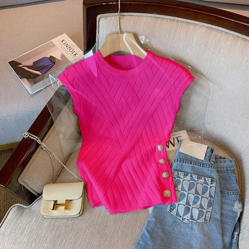 Tops T-shirts Women's Summer French-style Luxurious Sleeveless Knit Ice Silk Short Sleeves Elegant Fitted New Comfortable Niche