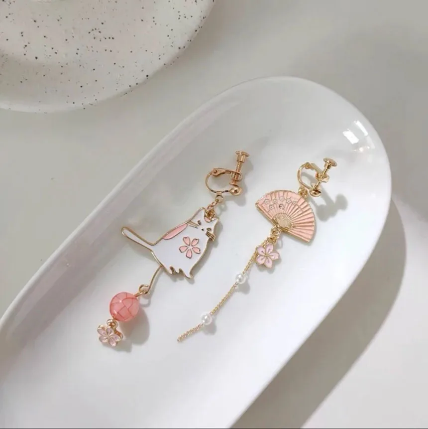 Mismatched Cat Folding Fan Drop Earring Clip on Dangle Sakura Japanese Flower Ear Stud Gift for Her