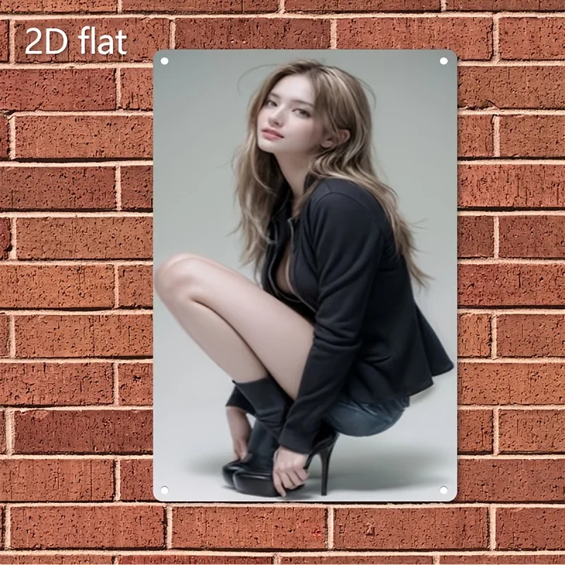 

Rustic Retro Advertising Sign for Home Decor，2D Flat, Metal Sign Plate - Elegant Female Portrait Poster with Long Dark Hair, Min