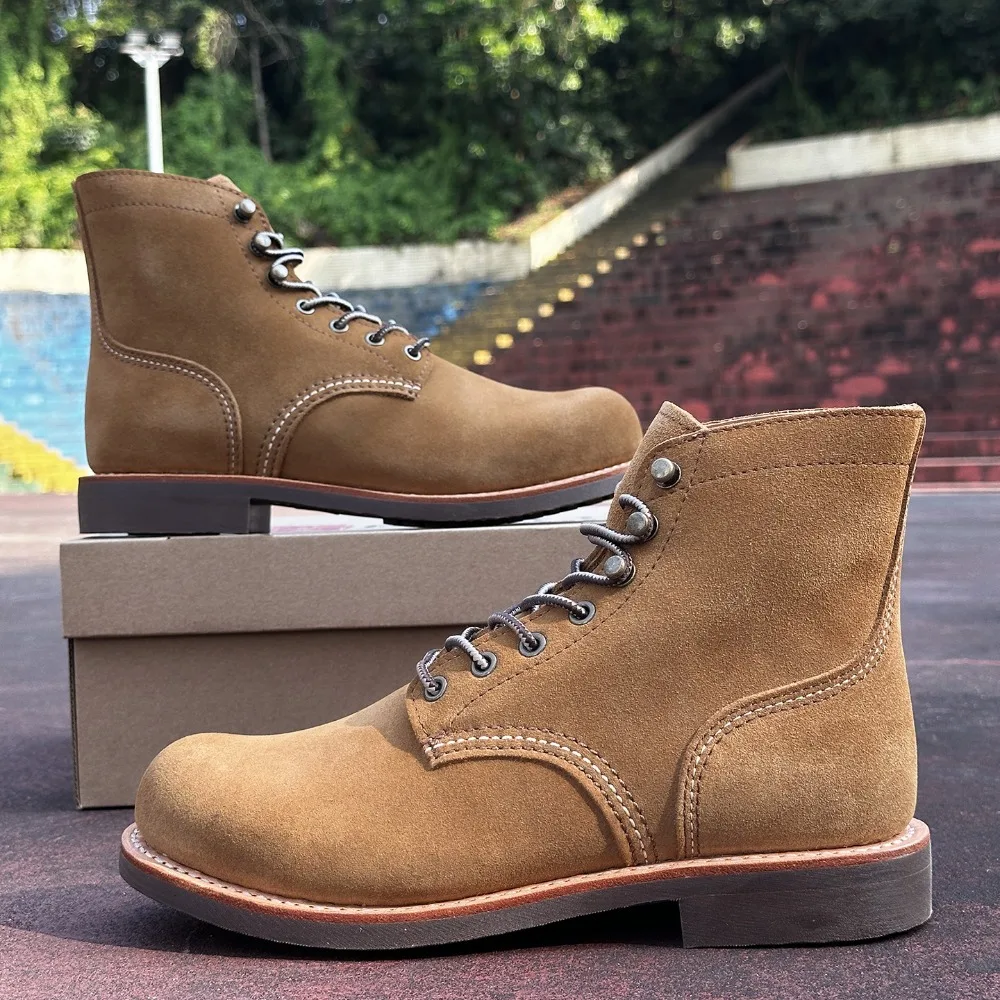 Genuine Leather Goodyear Motorcycle Boots Mid-calf Frosted Western Tooling Boots Work Shoes Derby high-top Business Dress Shoes