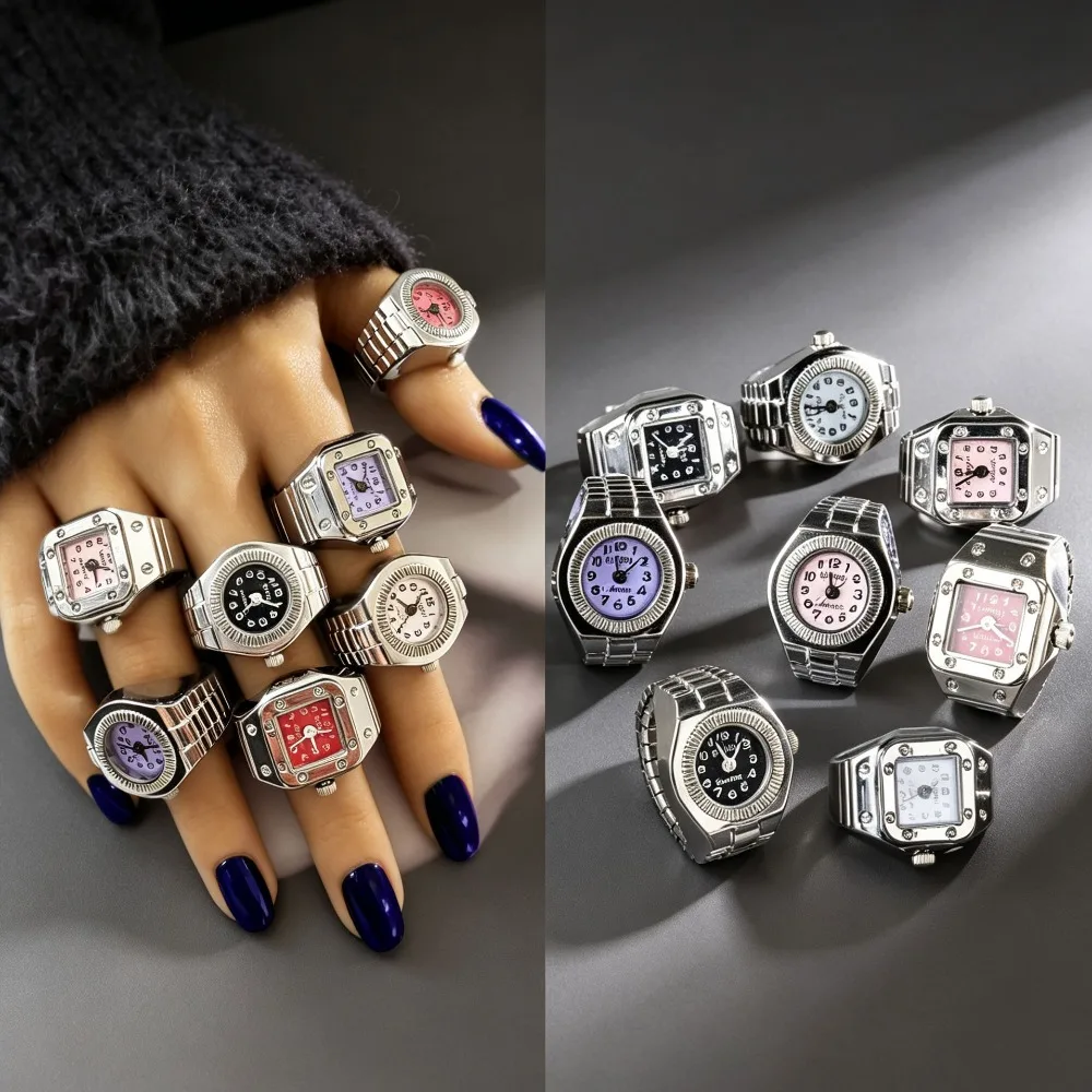 Vintage Punk Quartz Ring Watch, Retro Roman Numeral Alloy Mini Finger Watch Elastic Strap Couple Jewelry Gift for Women Men