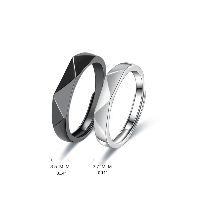 2x  Simple Couple Rings Set Ins Retro Creative Geometric Opening Adjustable Ring For Teen Girls Black White image 6
