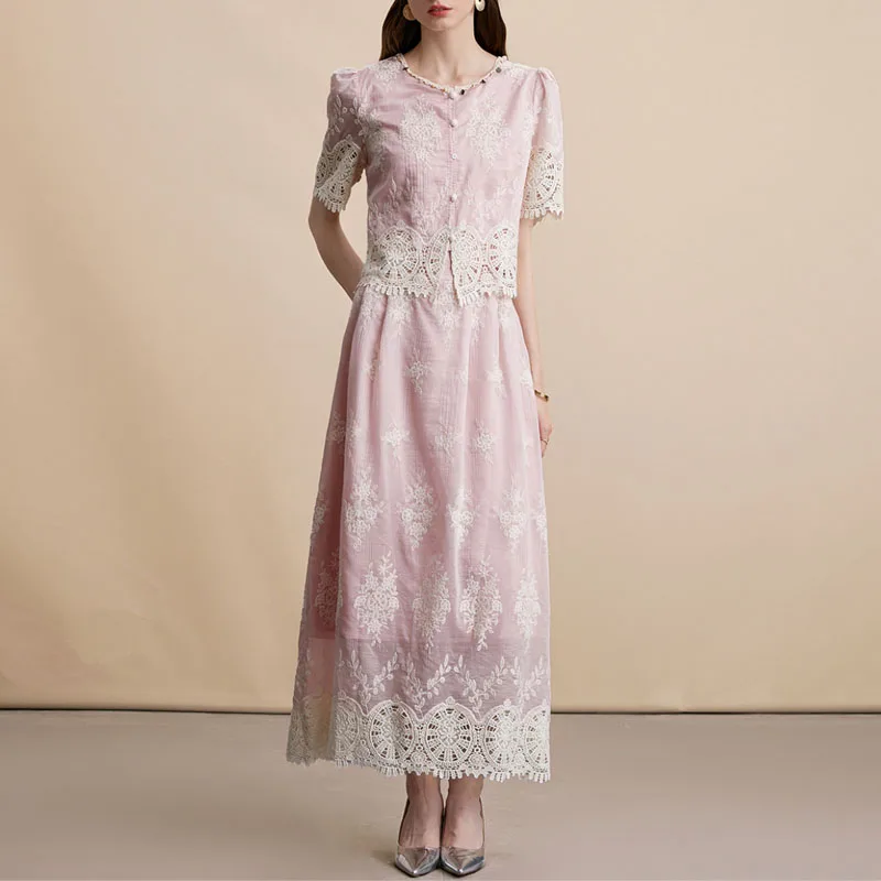 

Комплект юбки для женщин. Новый комплект с коротким рукавом и круглым вырезом. Элегантная вышивка бисером. Женская юбка трапециевидной формы. Комплекты из двух предметов. Женские наряды Q850.