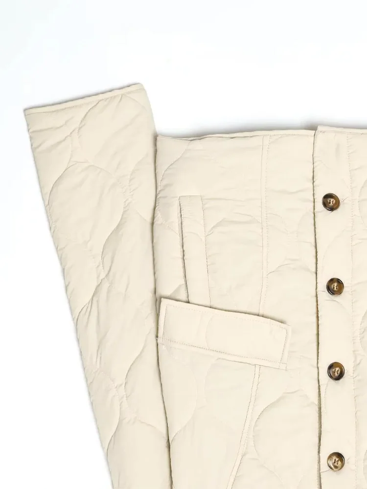 

HH Women Single Breasted Stand Collar Long Sleeves Pocket Decoration Short Coat Female Winter Casual Street Seamed Cotton Jacket