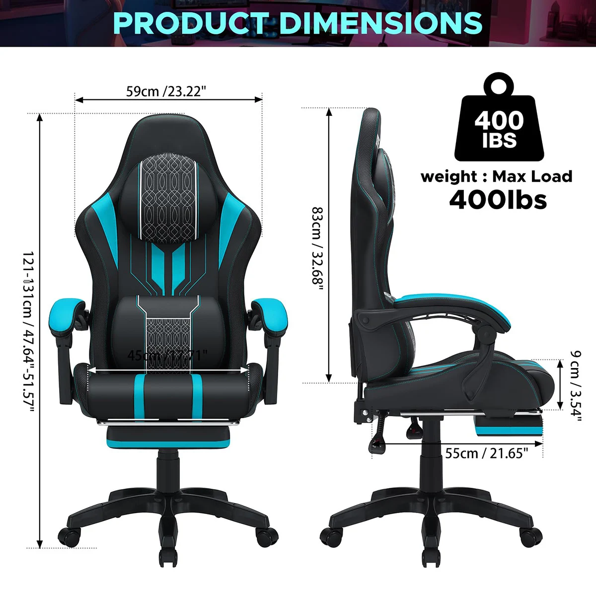 Ergonomic PU leather gaming chair with waist massage, Bluetooth speaker and RGB LED light