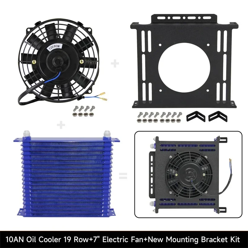 

Маслоохладитель 19-рядный для трансмиссии AN10 и двигателя + комплект 7-дюймового вентилятора, новый комплект крепежных кронштейнов, универсальный, черный/синий